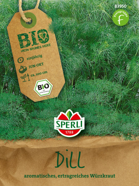 Produktbild von Sperli BIO Dill Saatguttüte mit der Darstellung von Dillpflanzen und einem Etikett auf welchem biologische Anbauhinweise und die Logos von Sperli und BIO Siegel stehen.