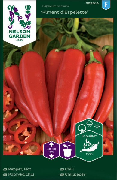 Produktbild von Nelson Garden Chili Piment dEspelette mit Abbildungen roter Chilischoten und Schnittansichten sowie Produktinformationen und Scoville-Skala auf der Verpackung