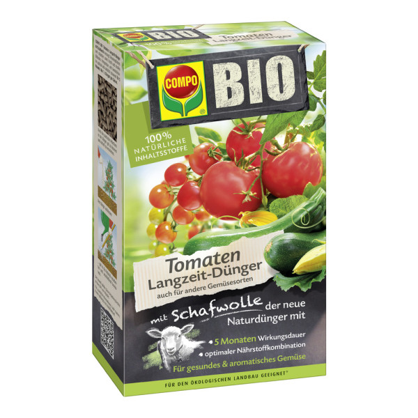 Produktbild von COMPO BIO Tomaten Langzeit-Duenger mit Schafwolle 750g mit Abbildungen von Tomaten und Gemuese sowie Produktinformationen und Hinweis auf biologische Inhaltsstoffe in deutscher Sprache.