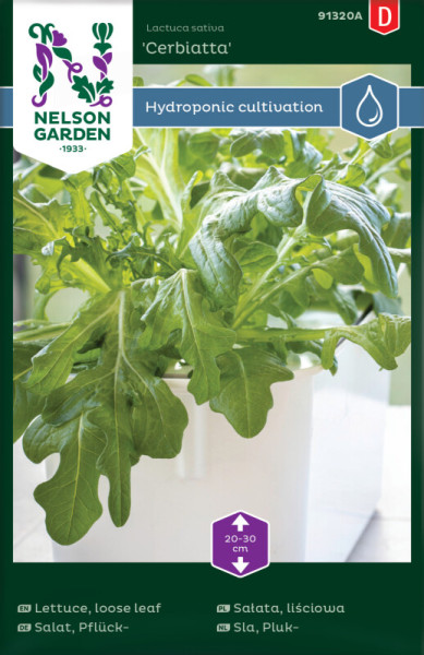 Produktbild von Nelson Garden Pflücksalat Cerbiatta für Hydroponik-Anbau mit Verpackungsdesign und Produktinformationen in verschiedenen Sprachen.