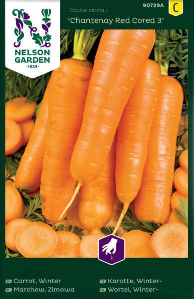 Produktbild von Nelson Garden Winterkarotte Chantenay Red Cored 3 mit Darstellung frischer Karotten und Verpackungsdesign mit Markennamen und Mehrsprachigen Produktinformationen