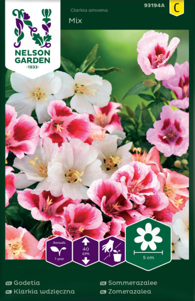 Produktbild von Nelson Garden Sommerazalee Mix Samenpackung mit Blumenabbildung und Informationen auf Deutsch.