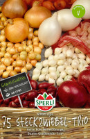 Produktbild von Sperli Steckzwiebel-Trio mit Darstellung verschiedener Zwiebelsorten und Verpackungsinformationen wie Geschmacksangabe und Pflanzzeitraum in... Produktbild von Sperli Steckzwiebel-Trio mit Darstellung verschiedener Zwiebelsorten und Verpackungsinformationen wie Geschmacksangabe und Pflanzzeitraum in deutscher Sprache.