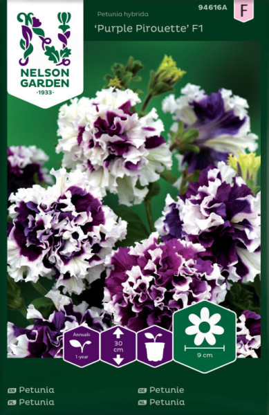 Produktbild von Nelson Garden Petunie Purple Pirouette F1 mit blühenden Petunien und Verpackungsdesign das Informationen wie Pflanzanleitung und Wachstumshinweise zeigt.