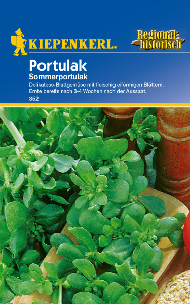 Produktbild von Kiepenkerl Portulak Sommerportulak Samenpackung mit Markenlogo, Produktbezeichnung und grünem Portulakgemüse im Vordergrund.