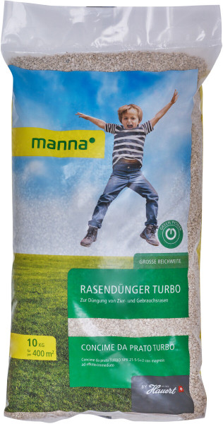 Produktbild von MANNA Rasendünger Turbo 10kg mit Darstellung eines freudigen Kindes, Angaben zur Anwendungsfläche und Hinweis auf schnelle Wirkung.