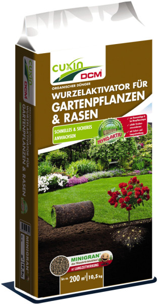 Produktbild von Cuxin DCM Wurzelaktivator für Gartenpflanzen und Rasen Verpackung mit Gartenansicht und Informationen über schnelles und sicheres Anwachsen, 10, 5, kg.