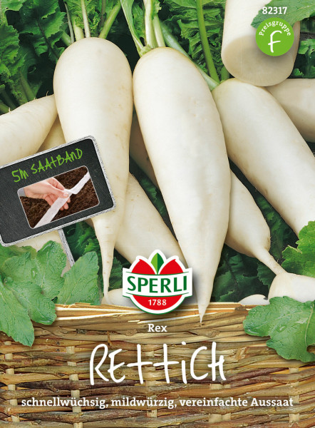 Produktbild von Sperli Rettich Rex Saatband mit Darstellung von weißen Rettichen und einer Hand, die das Saatband hält sowie Produktinformationen auf Deutsch.