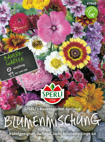 Produktbild von Sperli Blumenmischung Sperlis Bauerngarten Sinfonie mit verschiedenfarbigen Blüten und Verpackungsinformationen auf Deutsch, geeignet für Kübel, duftend und zieht Schmetterlinge an.
