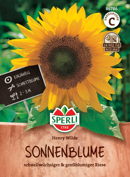 Produktbild von Sperli Sonnenblume Henry Wilde mit Darstellung einer blühenden Sonnenblume und Informationen zur Einjährigkeit und Eignung als Schnittblume auf Deutsch.
