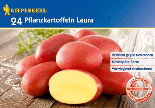 Produktbild von Kiepenkerl Pflanzkartoffeln Laura mit 24 Stueck rote Kartoffeln teilweise halbiert auf Holzuntergrund mit Hinweisen zur Resistenz gegen Nematoden mittelspaete Sorte und vorwiegend festkochend.