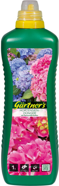 Produktbild von Gärtners Hortensiendünger in einer 1 Liter Flasche mit Dosierer und Abbildungen von blauen und pinkfarbenen Hortensien.