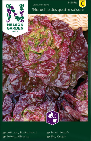Produktbild von Nelson Garden Kopfsalat Merveille des quatre sais Verpackung mit Bild des Salatkopfs und mehrsprachigen Produktinformationen