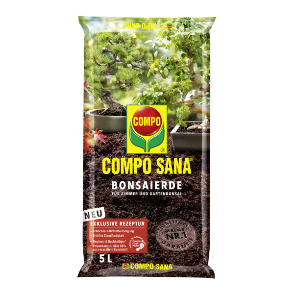 Produktbild von COMPO SANA Bonsaierde 5l Verpackung mit Angaben zu exklusiver Rezeptur und 8 Wochen Nährstoffversorgung für Zimmer- und Gartenbonsai.