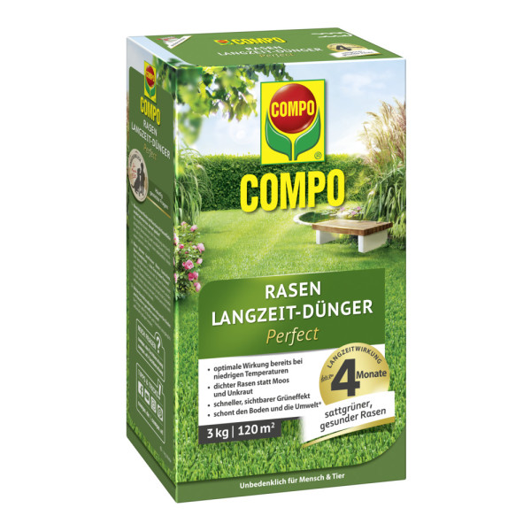 Produktbild von COMPO Rasen Langzeit-Dünger Perfect 3kg Verpackung mit Informationen zu Wirkung und Anwendung, Sicherheitshinweisen sowie Rasenabbildung.