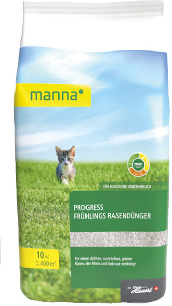 Produktbild von MANNA Progress Frühlings Rasendünger Verpackung mit 10 kg Gewichtsangabe und Informationen zur Anwendung für einen grünen Rasen und gegen Moos und Unkraut.