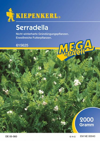 Produktbild von Kiepenkerl Serradella 2 kg mit Darstellung der Pflanze und Verpackungsdesign inklusive Markenlogo und Produktinformationen in deutscher Sprache.