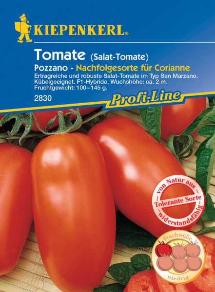 Produktbild von Kiepenkerl Salat-Tomate Pozzano F1 mit Beschreibung der Nachfolgesorte fuer Corianne ertragsreich und robust Wuchshoehe ca 2 m Fruchtgewicht 100-145 g und Kennzeichnungen wie ProfiLine und Tolerante Sorte.