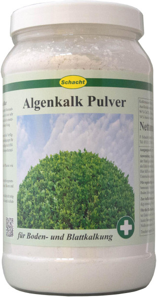 Produktbild von Schacht Algenkalk Pulver in einer 1, 75, kg Kunststoffflasche zur Boden- und Blattkalkung mit Markenlogo und Grünflächenabbildung.