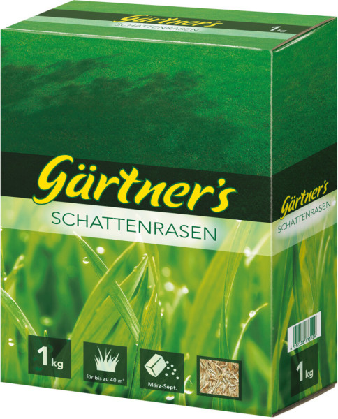 Produktbild von Gärtners Schattenrasen 1kg Packung mit Markenlogo sowie Angaben zum Gewicht, Einsatzbereich und Aussaatzeit.