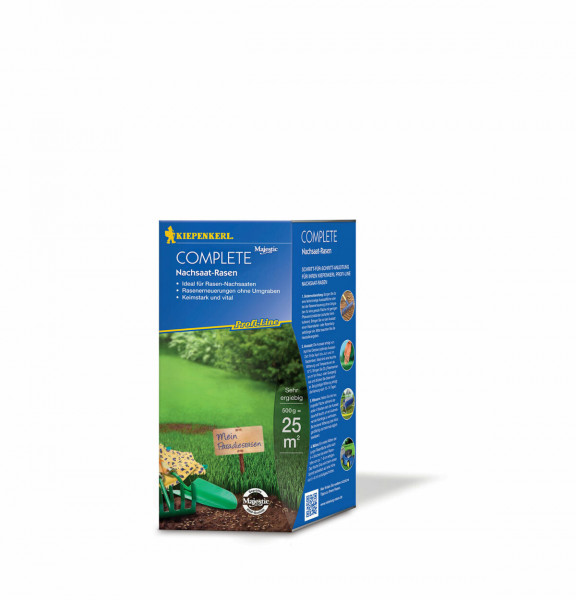 Produktbild von Kiepenkerl Profi-Line Complete Nachsaat-Rasen 0, 5, kg Verpackung mit Informationen zu Eigenschaften und Anwendungstipps auf Deutsch.
