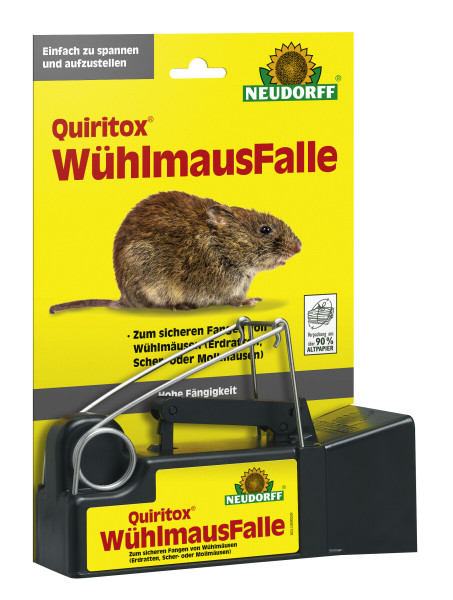 Produktbild der Neudorff Quiritox WuehlmausFalle mit Abbildung einer Wühlmaus und der Falle vor einer gelben Verpackung mit Produktinformationen und Markenlogo.