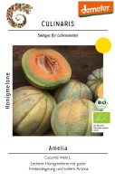 Produktbild von Culinaris BIO Honigmelone Amelia mit Darstellung ganzer und halbierter Melonen sowie Produktinformationen und Bio-Siegel. Produktbild von Culinaris BIO Honigmelone Amelia mit Darstellung ganzer und halbierter Melonen sowie Produktinformationen und Bio-Siegel.