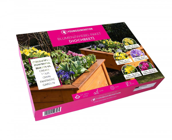 Produktbild von Sperli Young Generation Paket Hochbeet mit bunten Blumen und Verpackungsinformationen in deutscher Sprache.