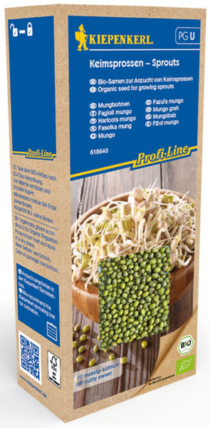 Produktbild von Kiepenkerl BIO Keimsprossen Mungbohnen Verpackung mit Informationen zur biologischen Anzucht und Bildern von gekeimten sowie ungkeimten Bohnen.