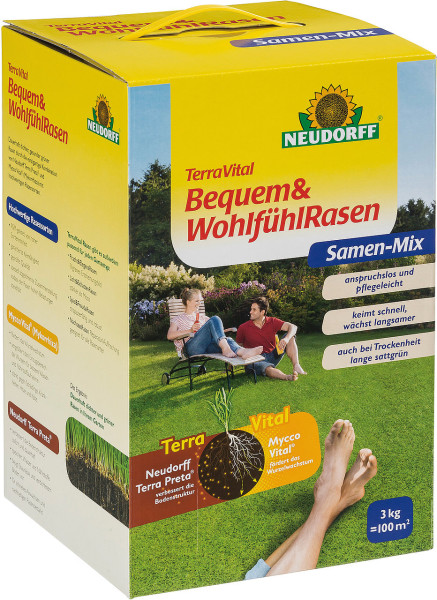 Produktbild von Neudorff TerraVital Bequem & WohlfühlRasen 3kg Rasensaatgut-Verpackung mit Produktinformationen und Bild einer Familie im Garten.