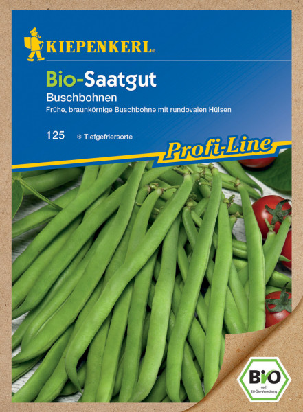 Produktbild von Kiepenkerl BIO Buschbohne lang mit Abbildung der gruenen Bohnen und Verpackungsinformationen wie BIO-Siegel und Hinweis zur Tiefgefriersorte in deutscher Sprache.