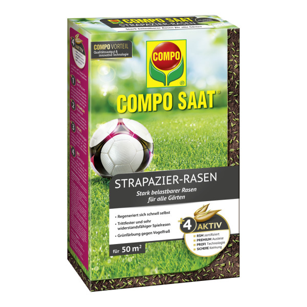 Produktbild von COMPO SAAT Strapazier-Rasen 1kg mit Bildern eines grünen Rasens und einem Fußball sowie Informationen über die Rasenmischung und ihre Eigenschaften auf der Verpackung in deutscher Sprache.