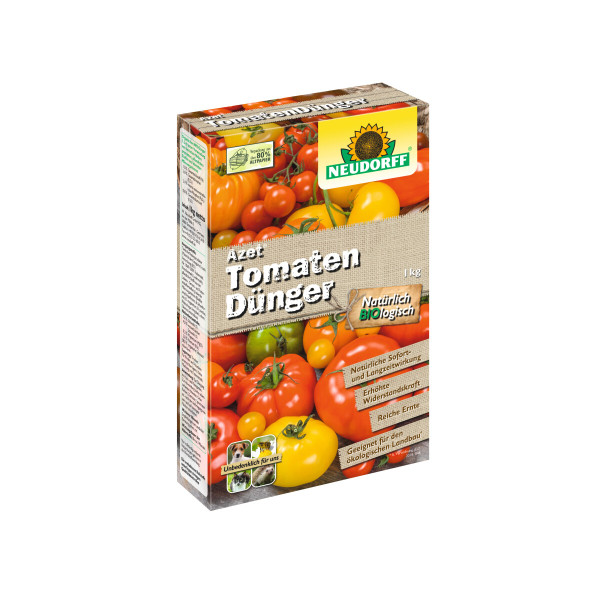 Produktbild von Neudorff Azet TomatenDünger 1kg Verpackung mit Abbildung verschiedener Tomaten und Produktinformationen in deutscher Sprache.
