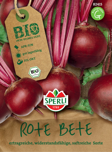 Produktbild von Sperli BIO Rote Bete Saatgutverpackung mit Abbildung der Rüben Anbauinformationen und Bio-Siegel.