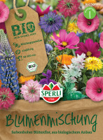 Produktbild von Sperli BIO Blumenmischung Verpackung mit bunten Blumen im Hintergrund und Informationen zum Nützlingsparadies einjährigen Pflanzen sowie... Produktbild von Sperli BIO Blumenmischung Verpackung mit bunten Blumen im Hintergrund und Informationen zum Nützlingsparadies einjährigen Pflanzen sowie Höhenangaben in deutscher Sprache.