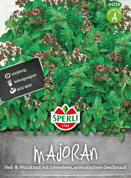 Produktbild von Sperli Majoran Verpackung mit Abbildung der Pflanze und Informationen zu Einjährigkeit, Kübeleignung sowie Erntezeit von August bis November.