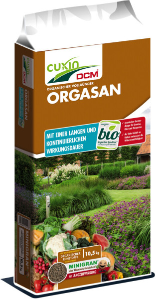 Produktbild von Cuxin DCM Orgasan Organischer Volldünger Minigran in einer 10, 5, kg Verpackung mit Hinweisen auf Bio-Qualität und Darstellung eines Gartens sowie verschiedener Obst- und Gemüsesorten.