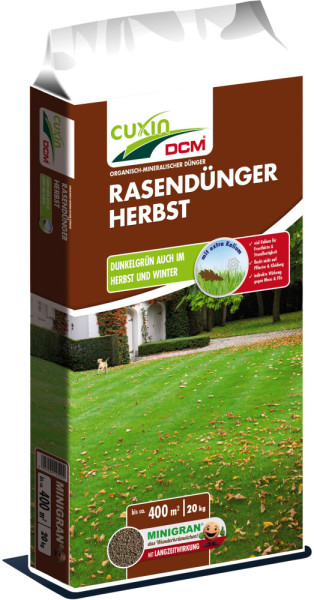 Produktbild von Cuxin DCM Rasendünger Herbst Minigran 20kg Packung mit Hinweisen auf dunkelgrünen Rasen in Herbst und Winter, Anwendungsfläche und Langzeitwirkung.