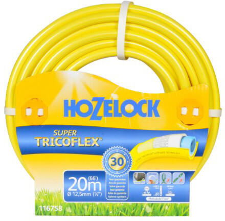 Produktbild eines gelben Hozelock Super Tricoflex Ultimate Schlauchs 20 m Durchmesser 12, 5, mm mit Verpackung und Herstellerinformationen.
