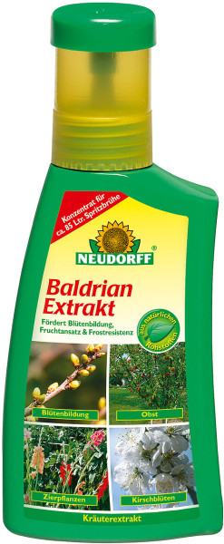 Produktbild von Neudorff Baldrian Extrakt 250ml in einer grünen Kunststoffflasche mit Etikett das die Anwendung zur Foerderung von Bluetenbildung Fruchtansatz und Frostresistenz bei Pflanzen zeigt