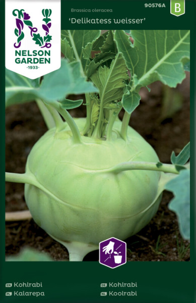 Produktbild von Nelson Garden Weisser Kohlrabi Delikatess mit der Pflanze im Erdreich und Informationen über die Sorte in verschiedenen Sprachen.