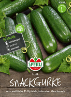 Produktbild von Sperli Snackgurke Iznik F1 mit frischen grünen Gurken auf Holzuntergrund und Verpackungsdesign mit Markenlogo Informationen zu den...