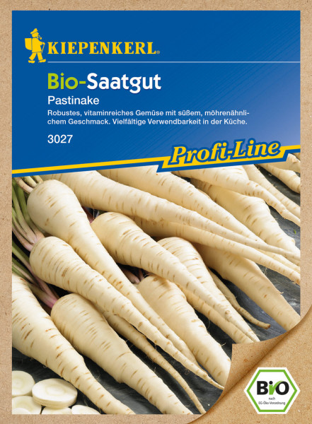Produktbild von Kiepenkerl BIO Pastinake Saatgut Verpackung mit Bildern von Pastinaken und Textinformationen über das Produkt in deutscher Sprache.