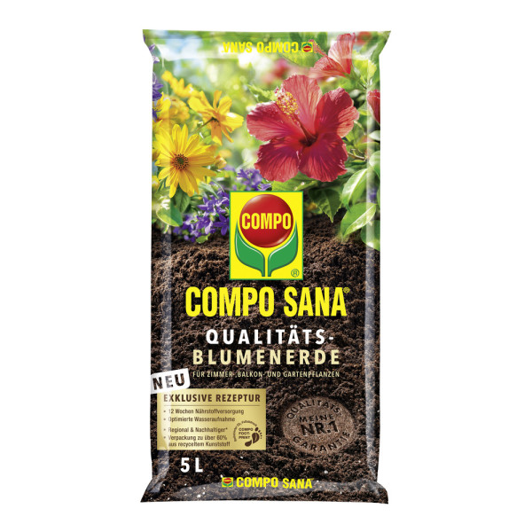 Produktbild von COMPO SANA Qualitäts-Blumenerde in einem 5-Liter-Sack mit Angaben zur exklusiven Rezeptur und Hinweisen auf mehrwöchige Nährstoffversorgung sowie Informationen zur nachhaltigen Verpackung.