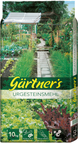 Produktbild von Gaertners Urgesteinsmehl 10kg mit Gartenmotiv und Hinweisen zur Anwendung und Dosierung