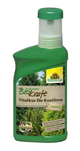 Produktbild von Neudorff BioKraft Vitalkur für Koniferen in einer 300ml Flasche mit Produktinformationen und Markenlogo.