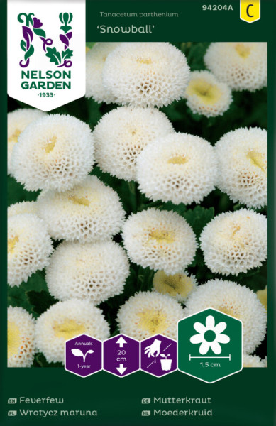 Produktbild von Nelson Garden Mutterkraut Snowball mit weißen Blüten und Verpackungsinformationen zu Anbauhinweisen und Pflanzengröße auf Deutsch.