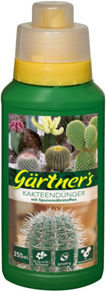 Produktbild von Gaertners Kakteenduenger mit Spurenelementen 250ml Flasche mit Dosierer und verschiedenen Kakteen im Hintergrund