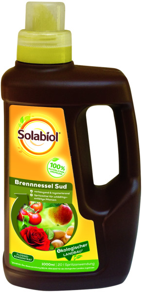 Produktbild von Solabiol Brennessel Sud in 1-Liter-Flasche als Flüssigkonzentrat für ökologischen Landbau mit Hinweisen zu Wirkung und Anwendung.