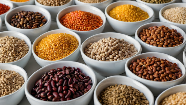large-collection-of-various-grains-and-pulses-in-white-bowls